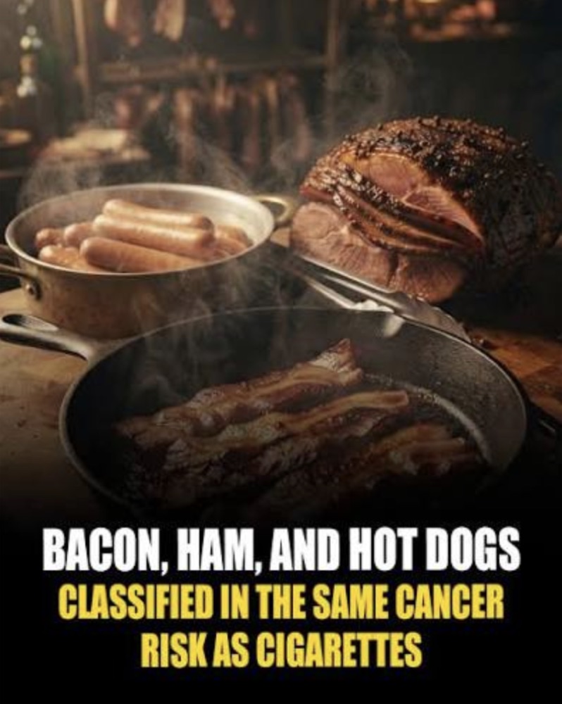 Viral post: pans of bacon, sausages and ham over the caption 'classified in the same cancer risk as cigarettes'