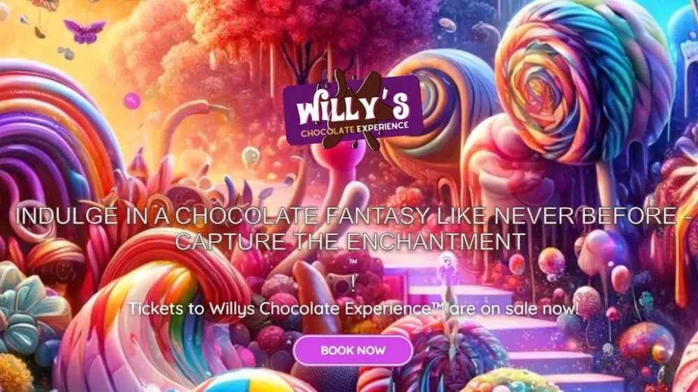 Willy's Chocolate Experience promo — a vivid, AI-generated candyland with a 'Book Now' button